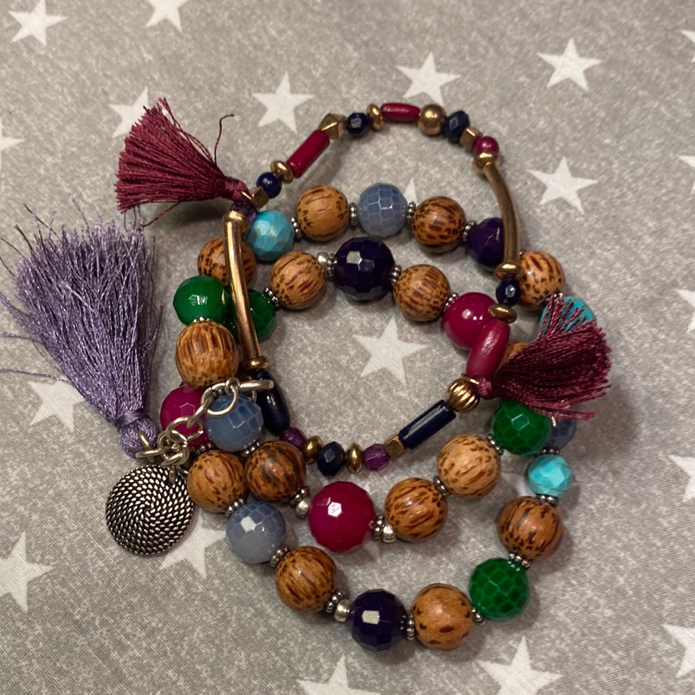 3 wood and bead stretch bracelets